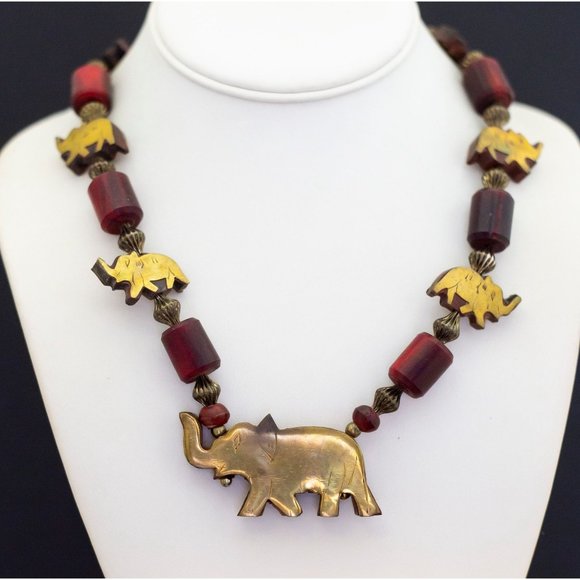 Vintage Elephant Necklace in Bronze and Wood, 33 Inches G38 - Picture 2 of 3